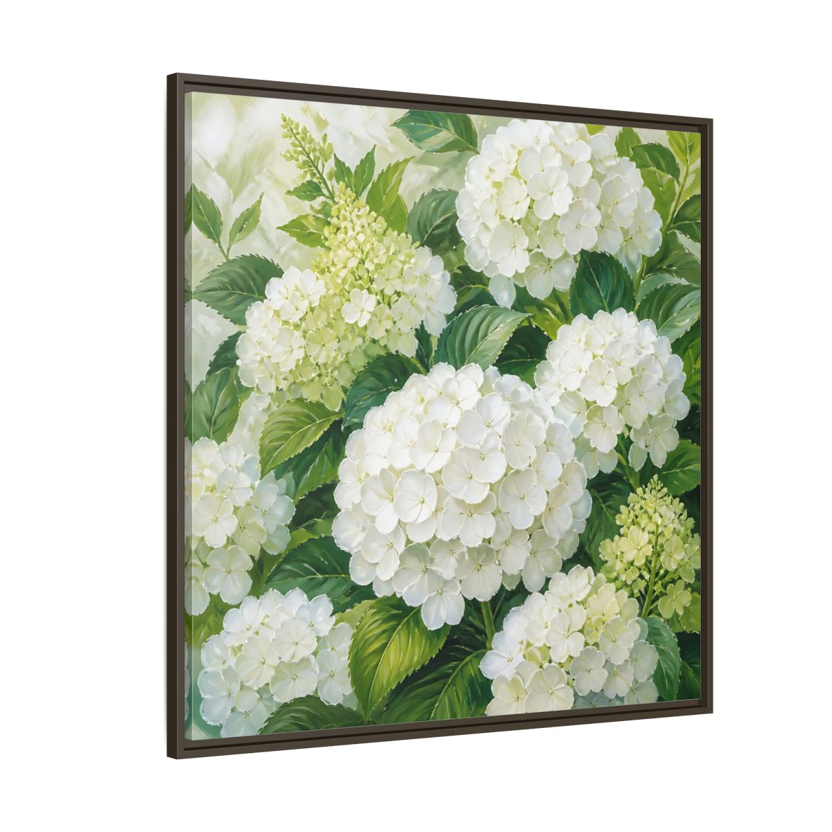 Side Mockup 5. Muted Tonal Painting White Hydrangeas With Garden Leaves shown as stretched canvas wall art