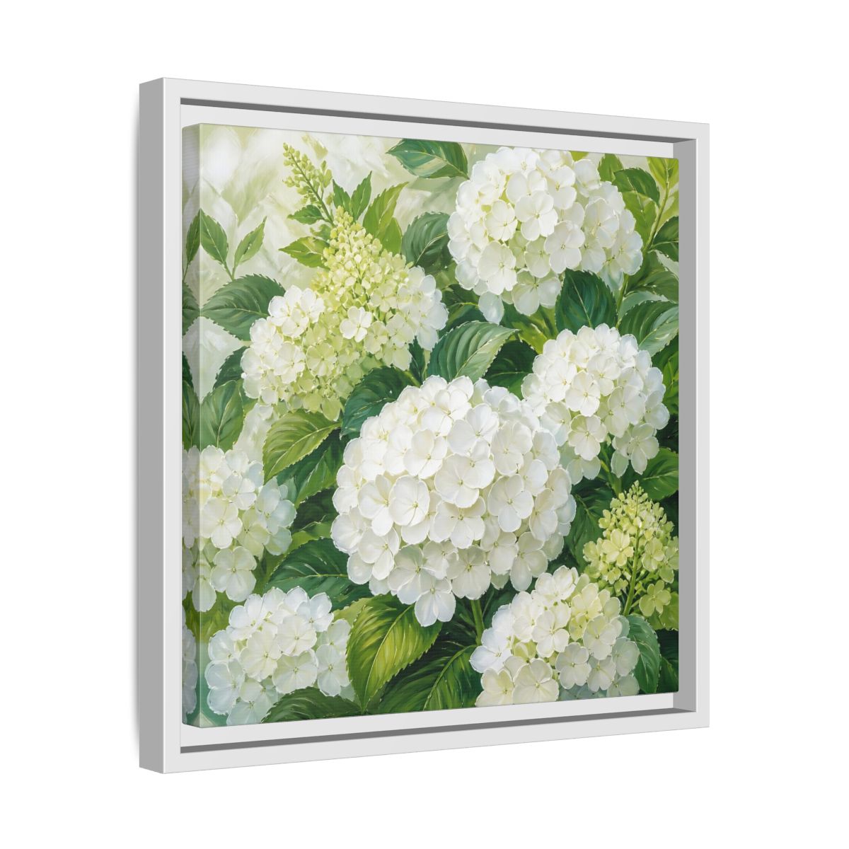 Side Mockup 28. Muted Tonal Painting White Hydrangeas With Garden Leaves shown as stretched canvas wall art