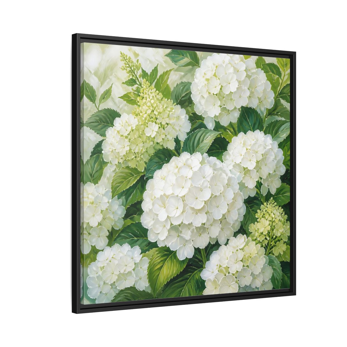 Side Mockup 9. Muted Tonal Painting White Hydrangeas With Garden Leaves shown as stretched canvas wall art