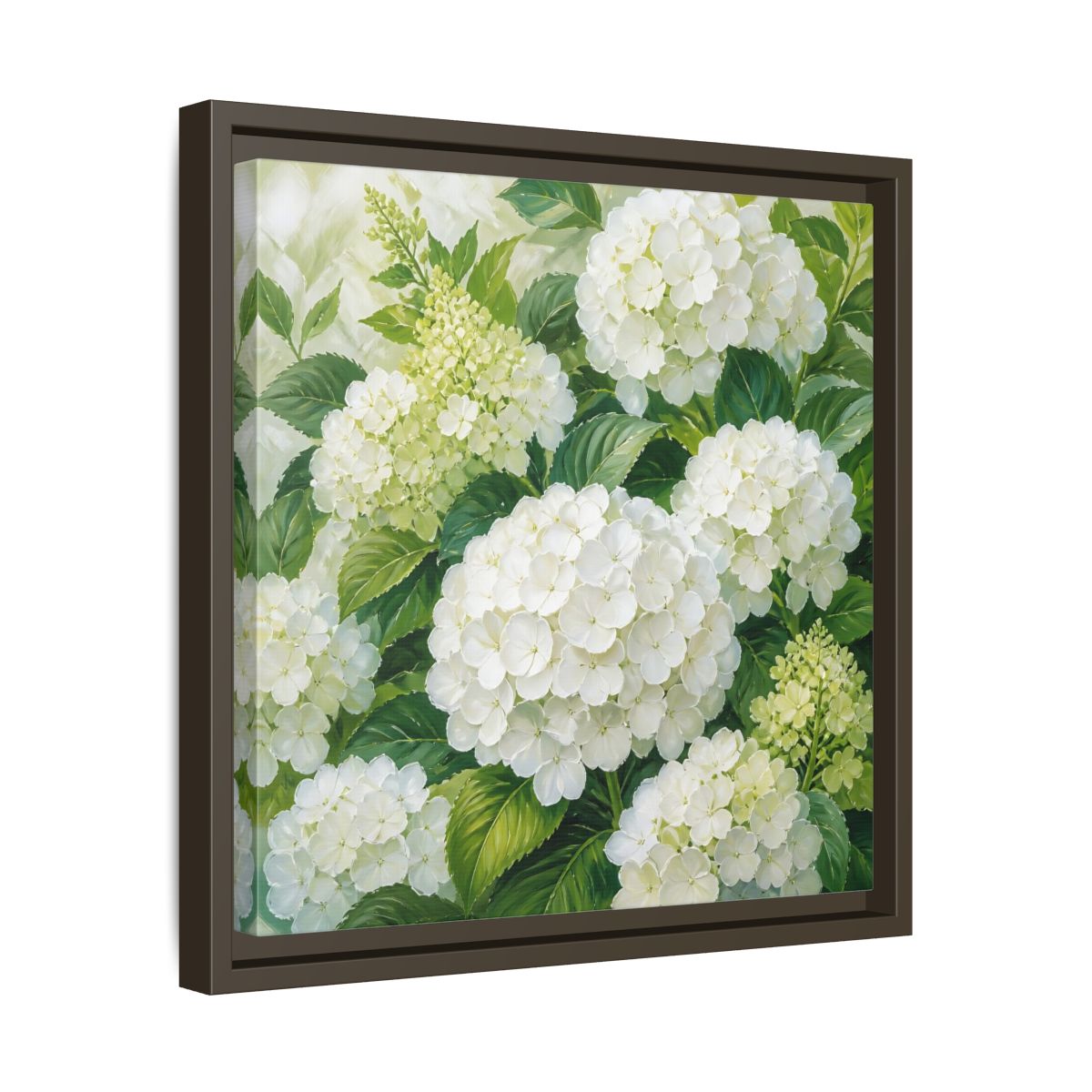 Side Mockup 29. Muted Tonal Painting White Hydrangeas With Garden Leaves shown as stretched canvas wall art