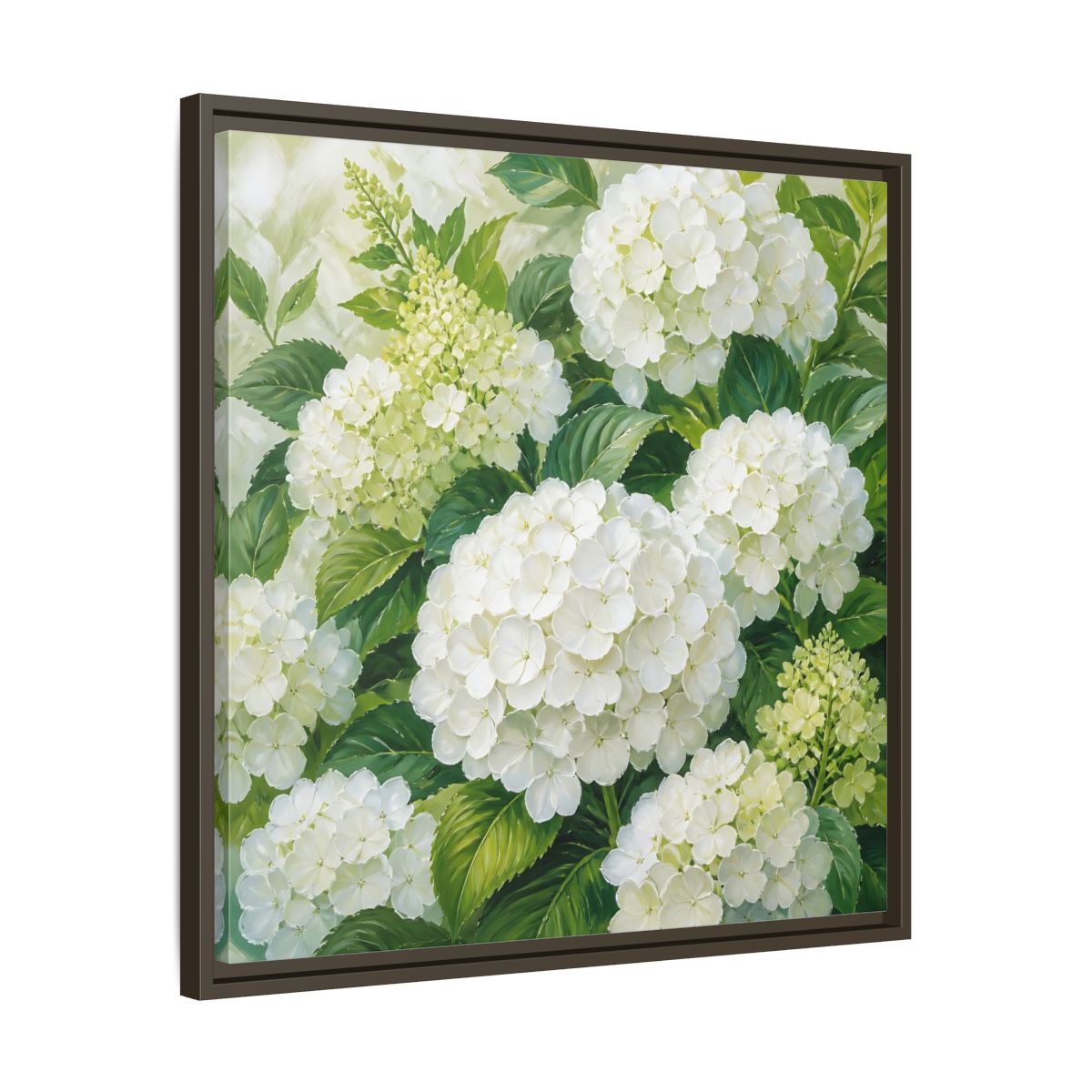 Side Mockup 27. Muted Tonal Painting White Hydrangeas With Garden Leaves shown as stretched canvas wall art