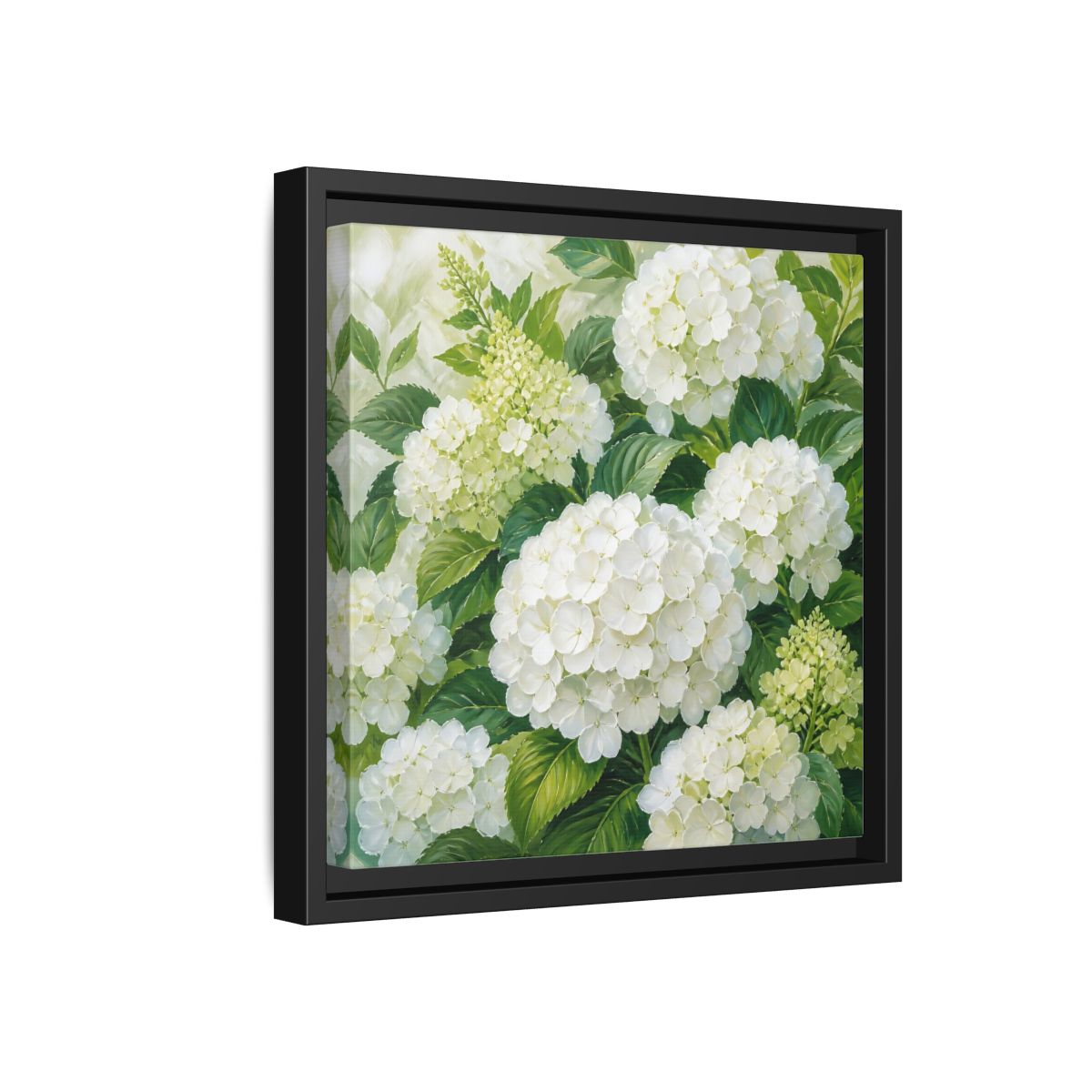 Side Mockup 18. Muted Tonal Painting White Hydrangeas With Garden Leaves shown as stretched canvas wall art