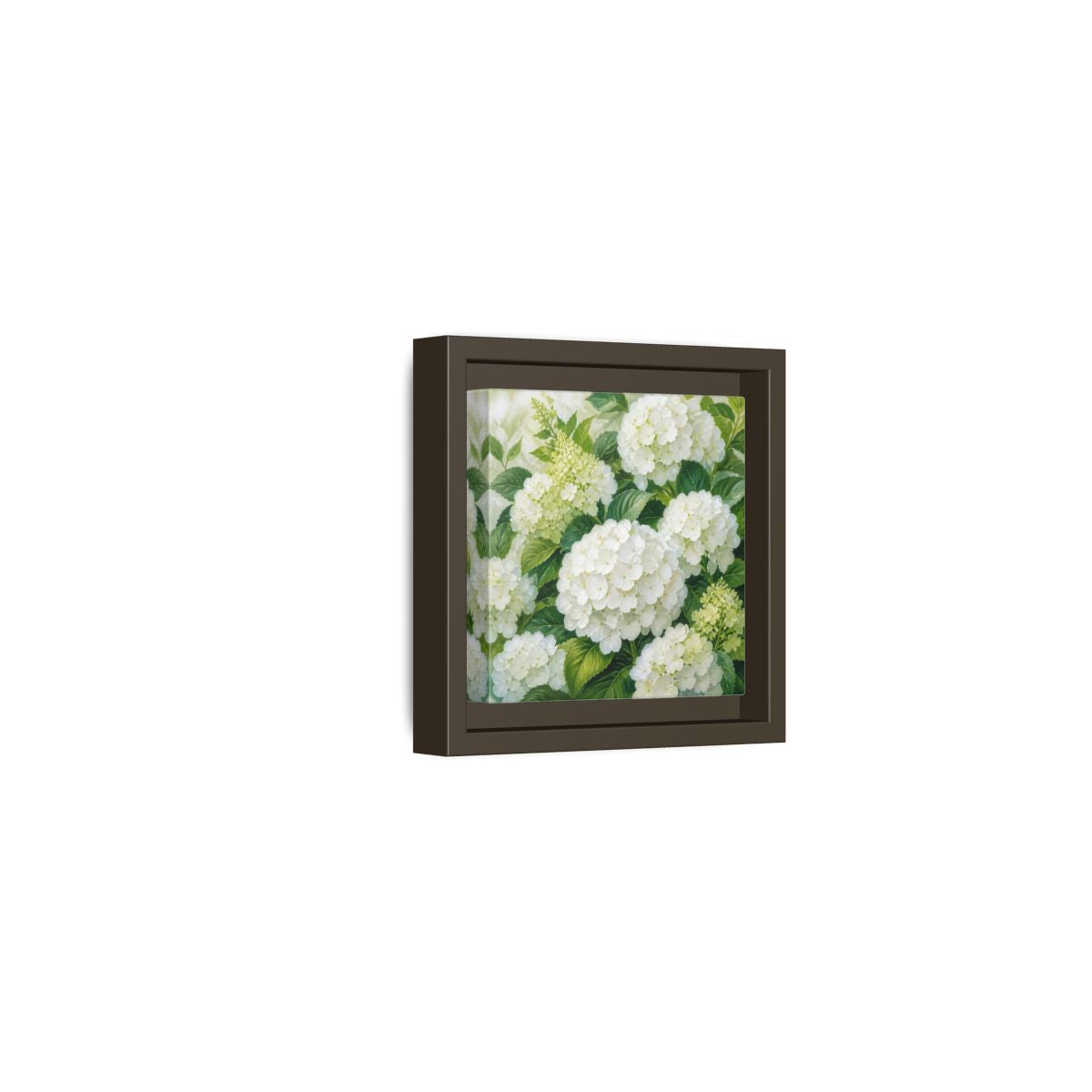 Side Mockup 23. Muted Tonal Painting White Hydrangeas With Garden Leaves shown as stretched canvas wall art