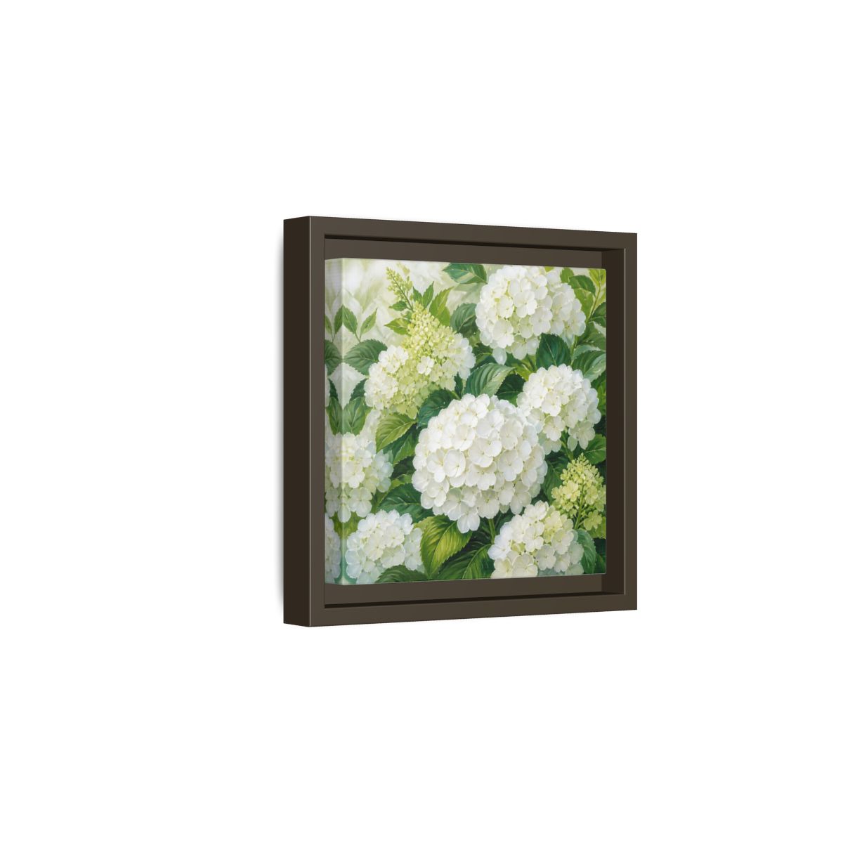 Side Mockup 2. Muted Tonal Painting White Hydrangeas With Garden Leaves shown as stretched canvas wall art