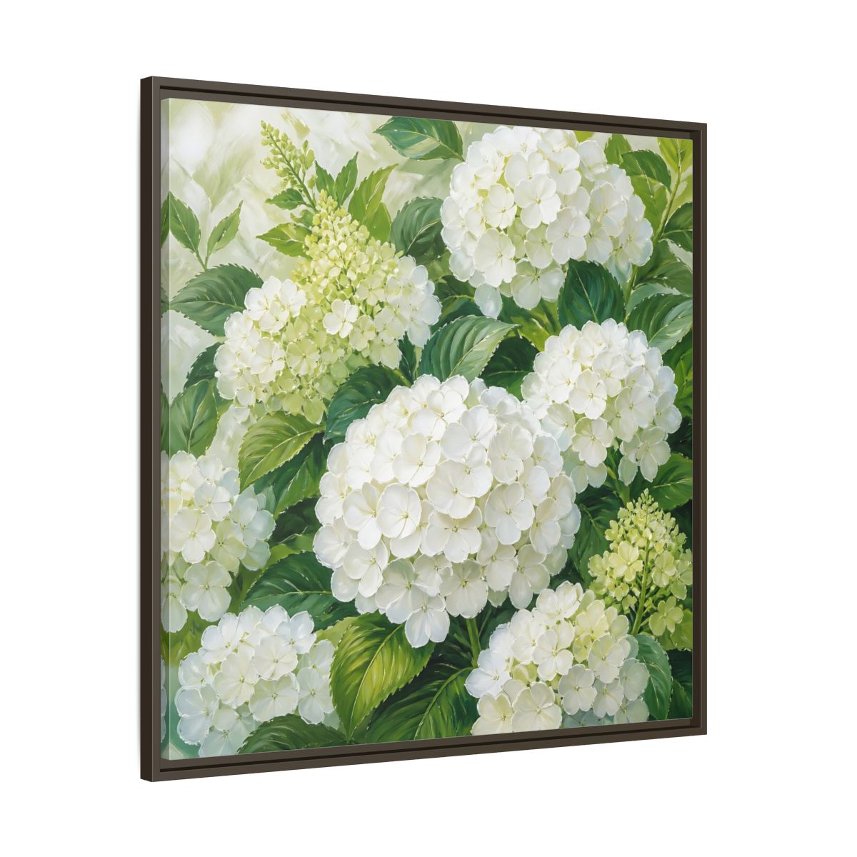 Main Mockup. Muted Tonal Painting White Hydrangeas With Garden Leaves shown as stretched canvas wall art
