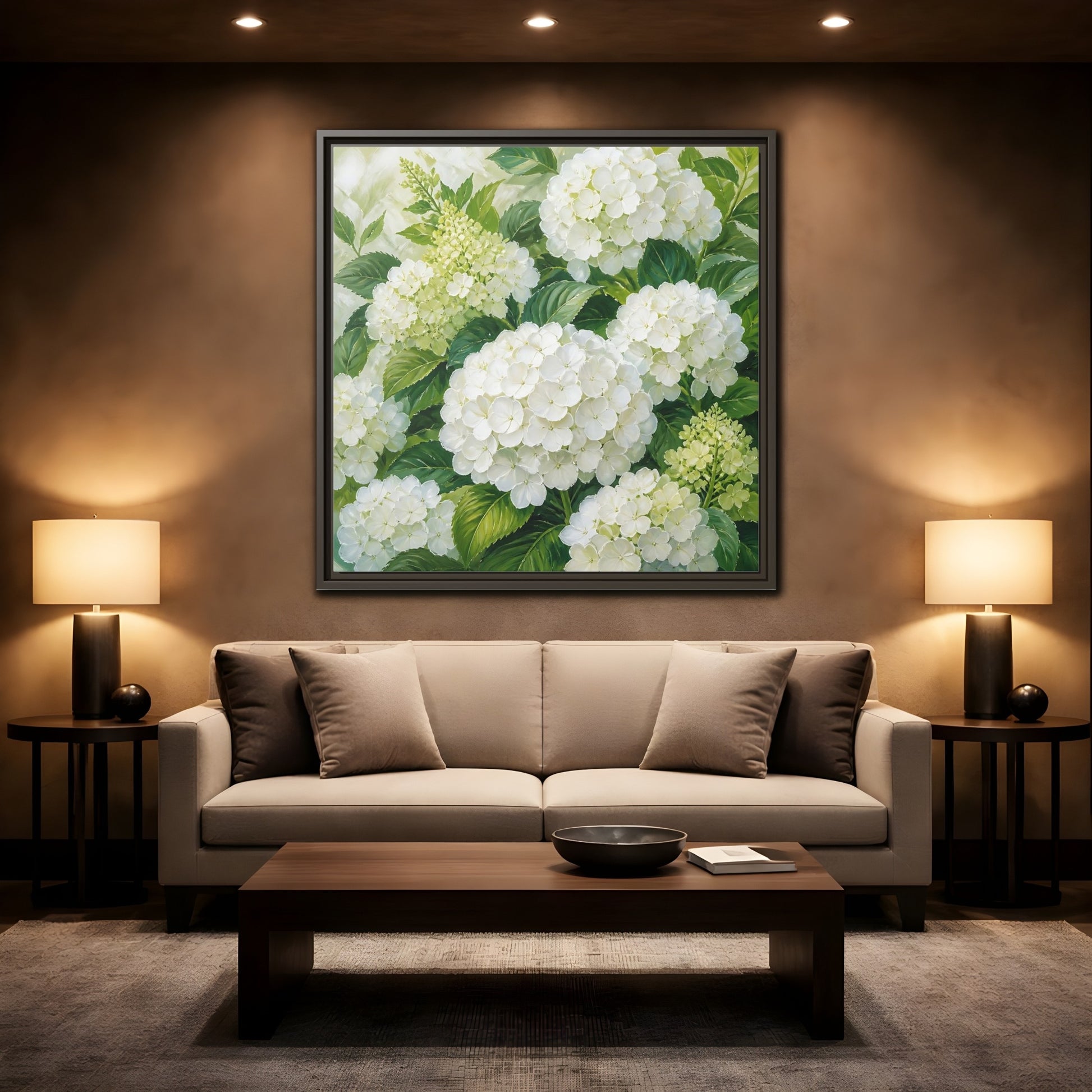Mockup 2. Muted Tonal Painting White Hydrangeas With Garden Leaves shown as stretched canvas wall art