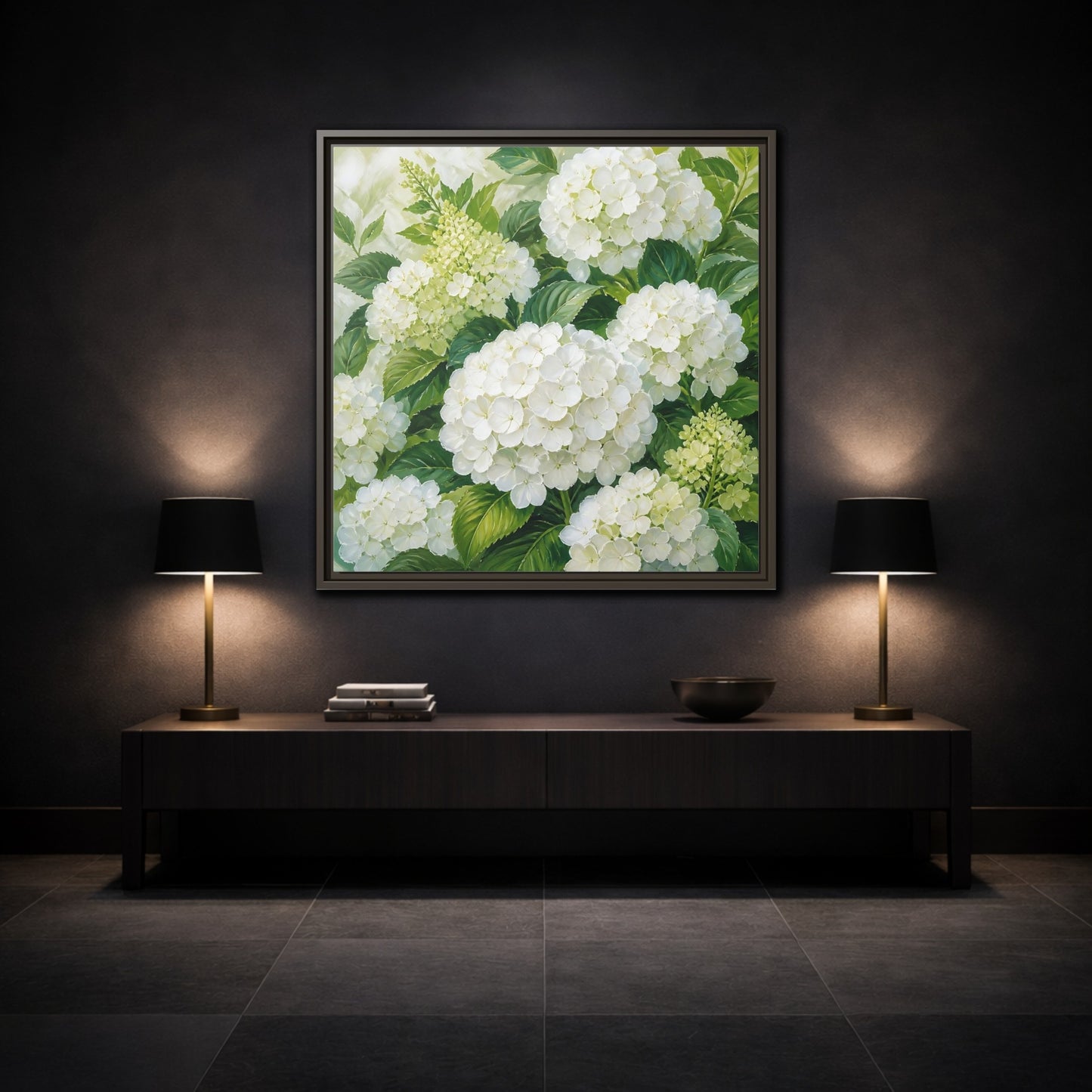 Mockup 3. Muted Tonal Painting White Hydrangeas With Garden Leaves shown as stretched canvas wall art