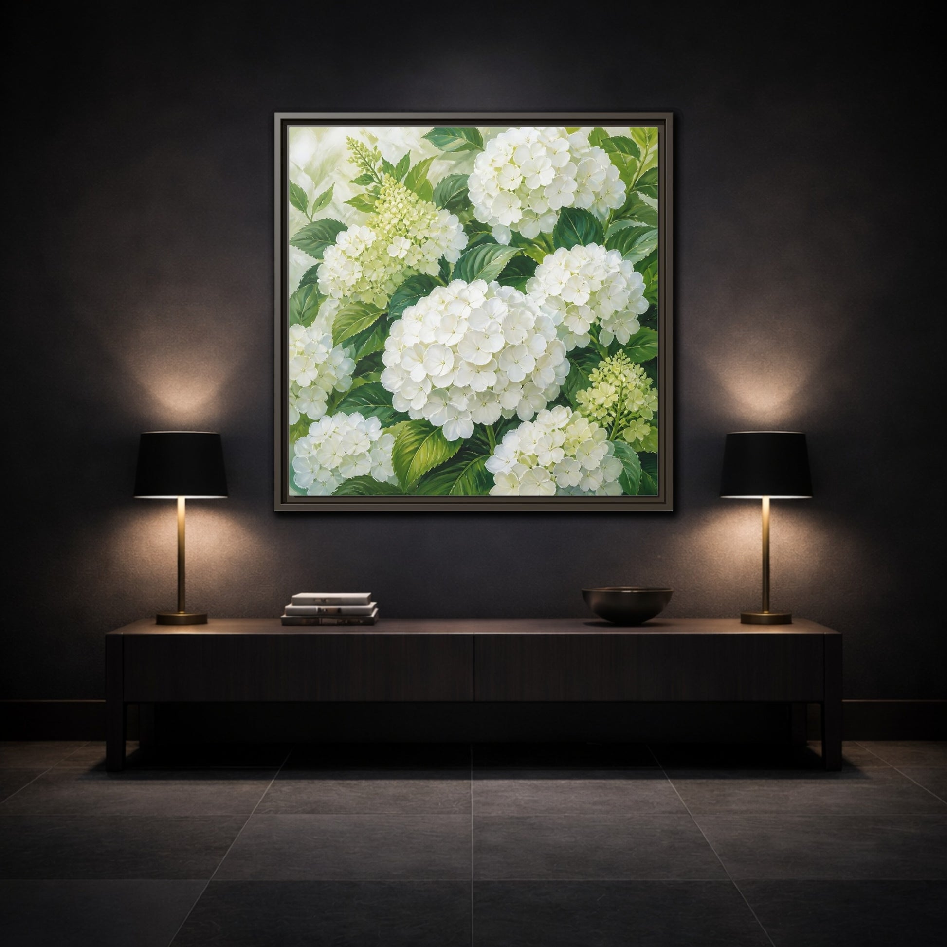 Mockup 3. Muted Tonal Painting White Hydrangeas With Garden Leaves shown as stretched canvas wall art