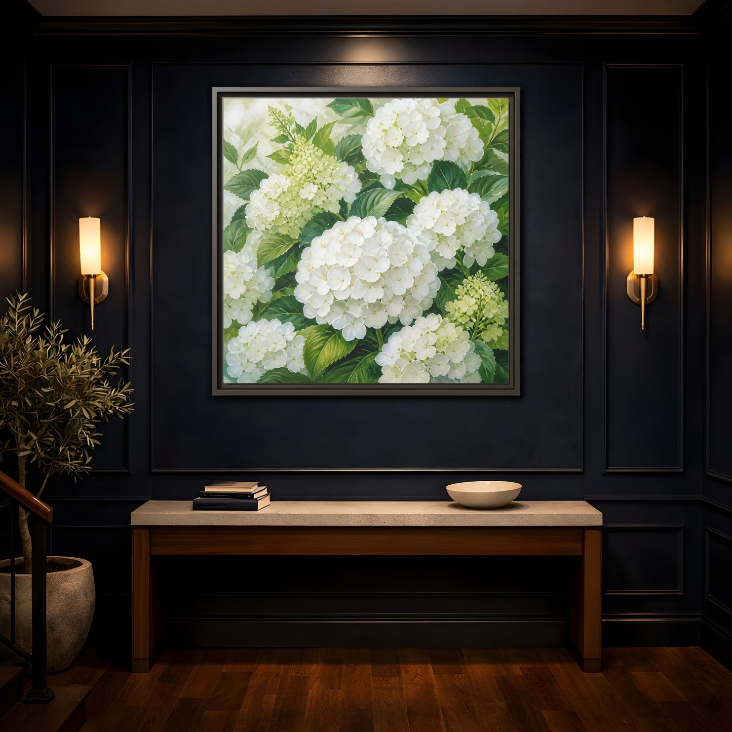 Mockup 4. Muted Tonal Painting White Hydrangeas With Garden Leaves shown as stretched canvas wall art