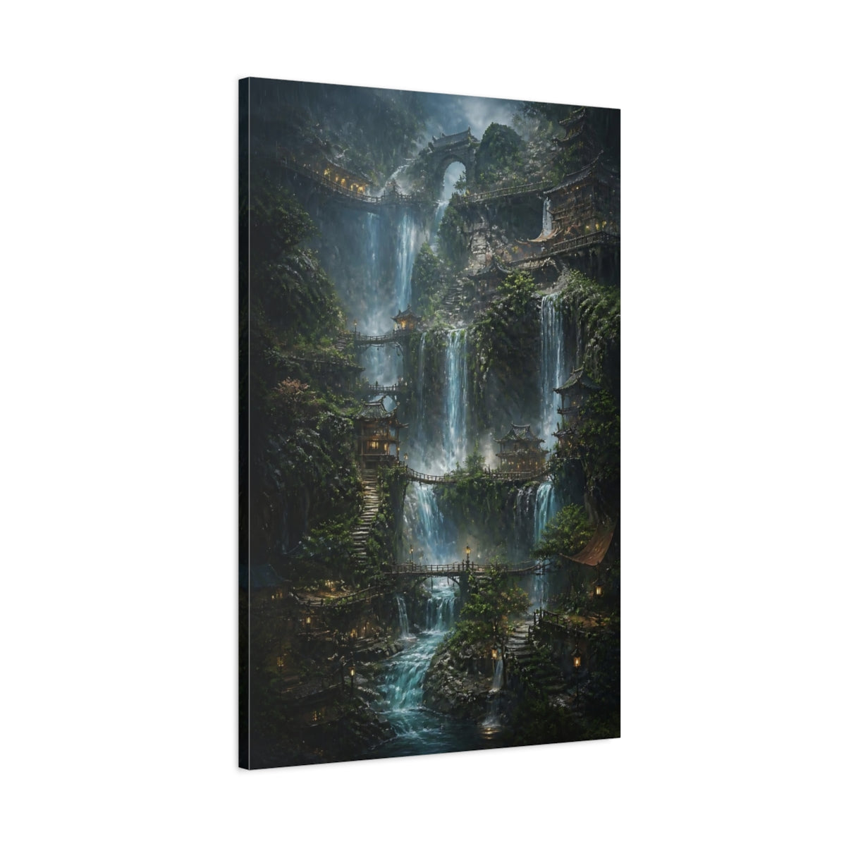 Main Mockup. Mystic Waterfall Village shown as canvas print