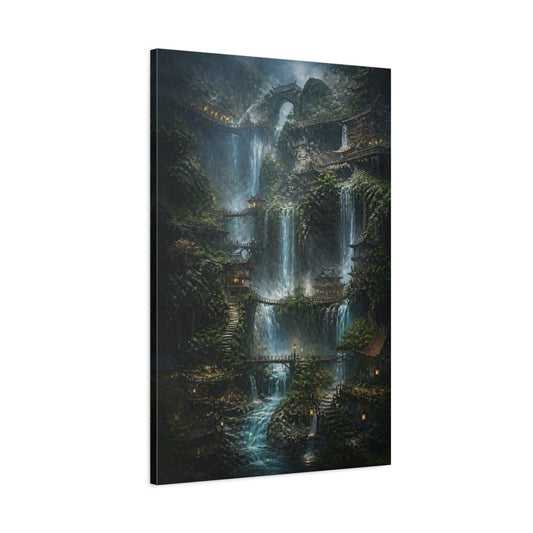 Main Mockup. Mystic Waterfall Village shown as canvas print