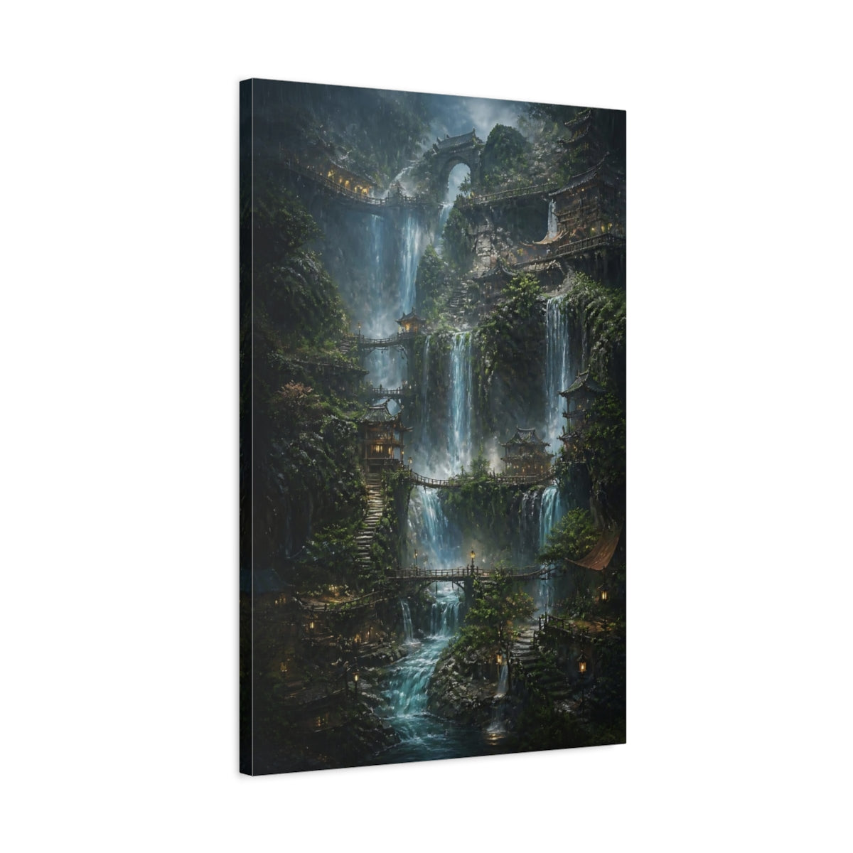 Side Mockup 2. Mystic Waterfall Village shown as canvas print
