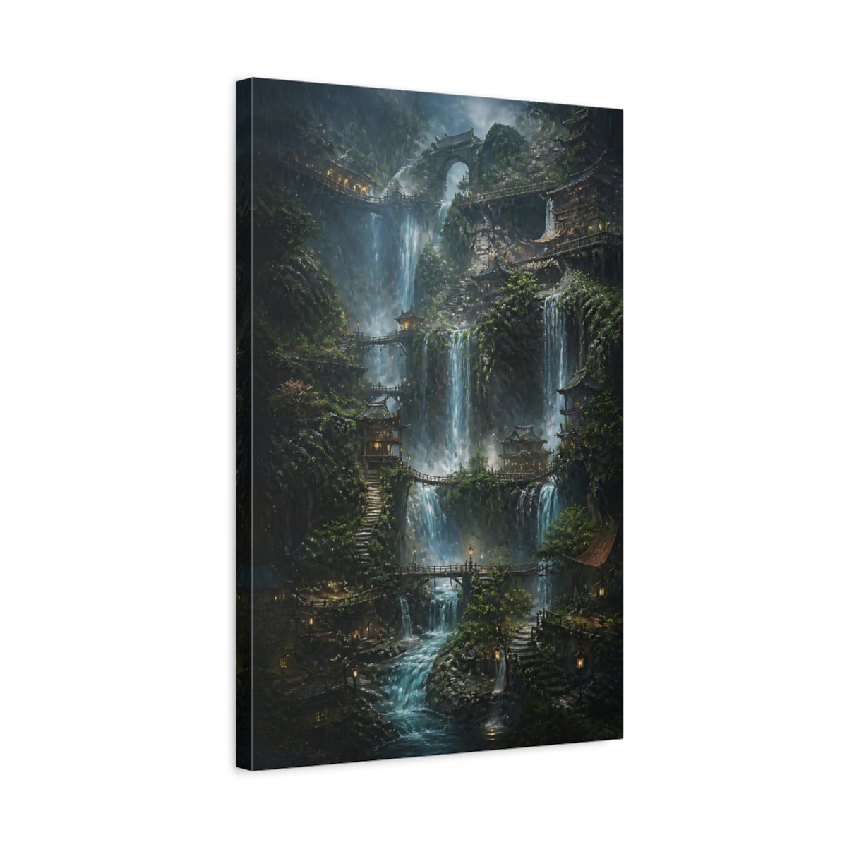 Side Mockup 3. Mystic Waterfall Village shown as canvas print