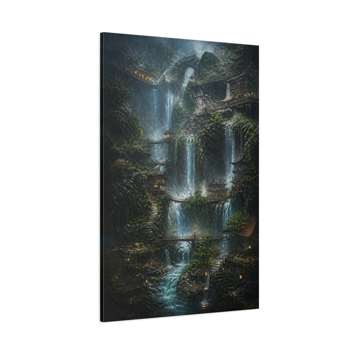 Side Mockup 1. Mystic Waterfall Village shown as canvas print
