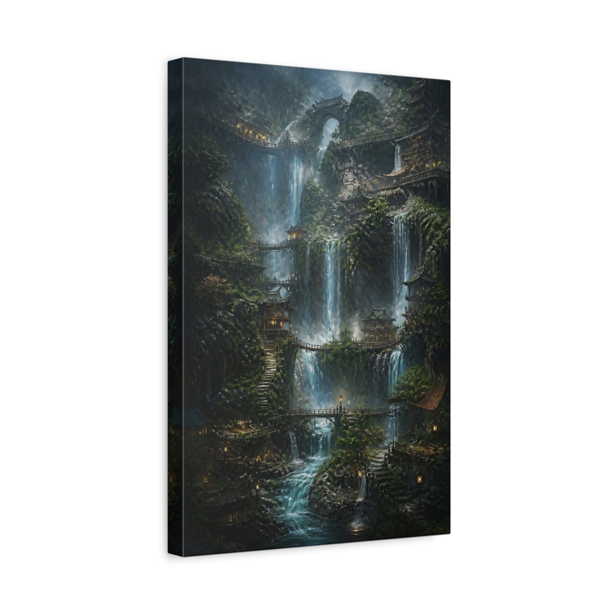 Side Mockup 4. Mystic Waterfall Village shown as canvas print