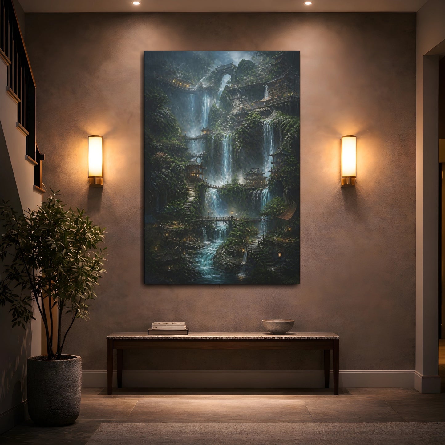 Mockup 2. Mystic Waterfall Village shown as canvas print