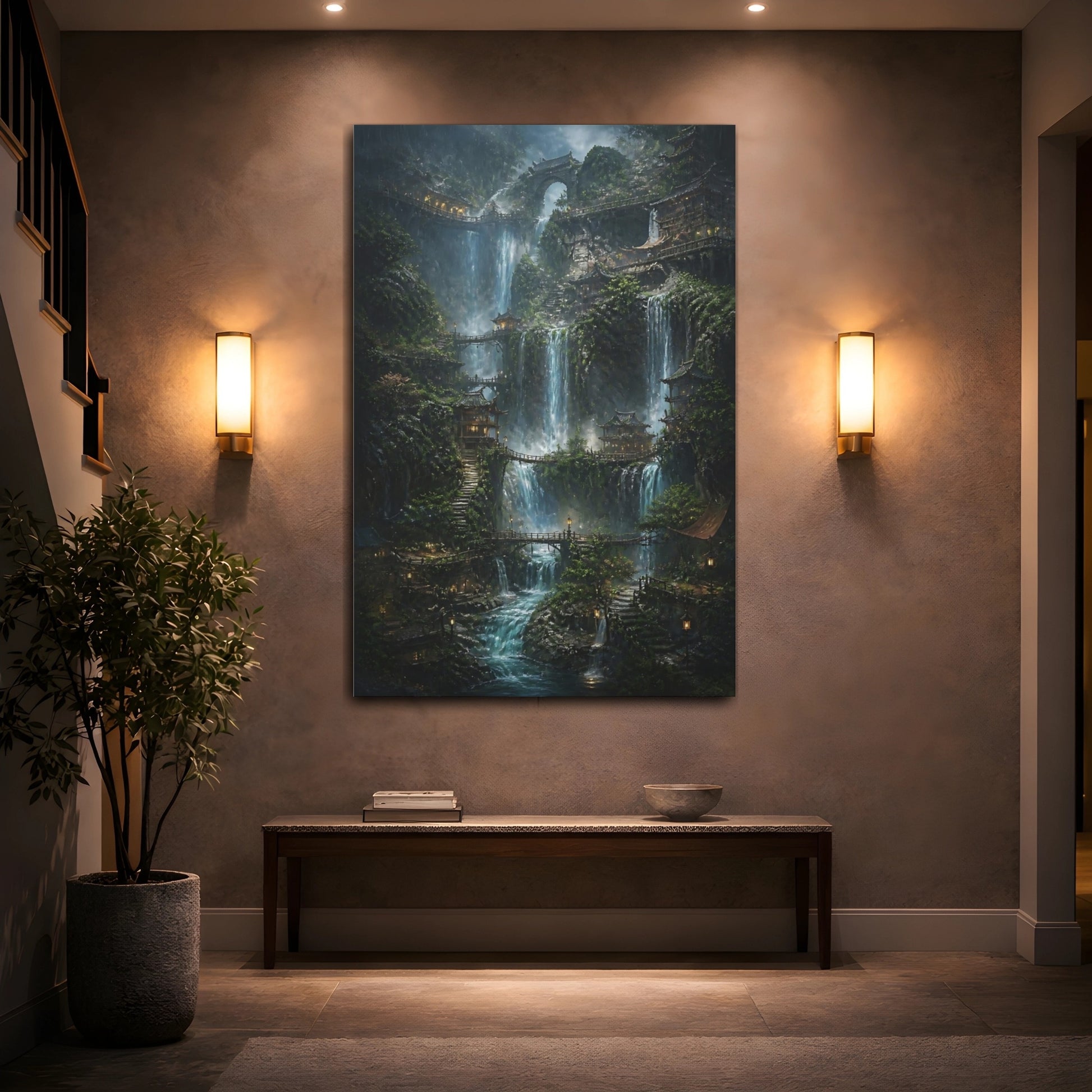 Mockup 2. Mystic Waterfall Village shown as canvas print