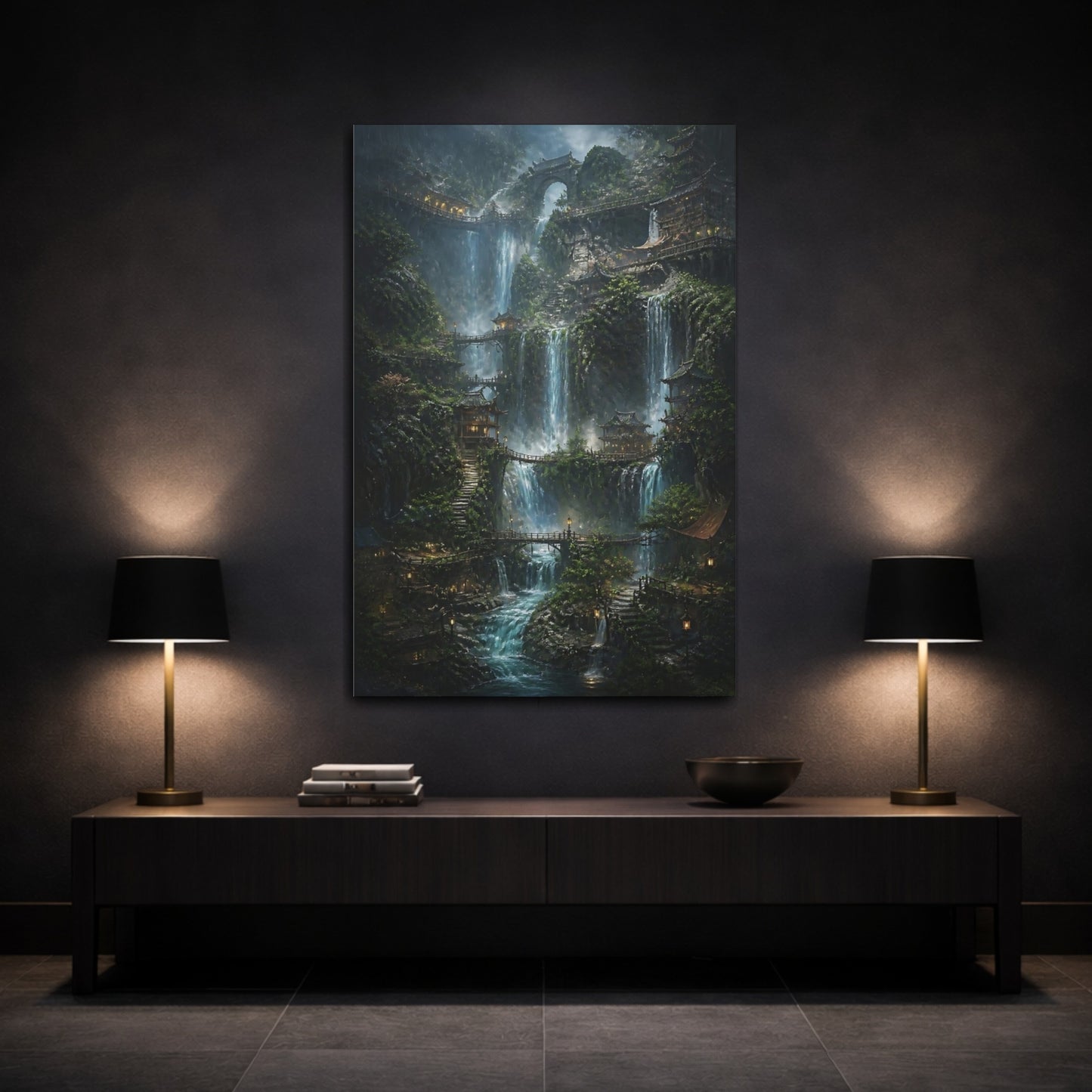 Mockup 3. Mystic Waterfall Village shown as canvas print