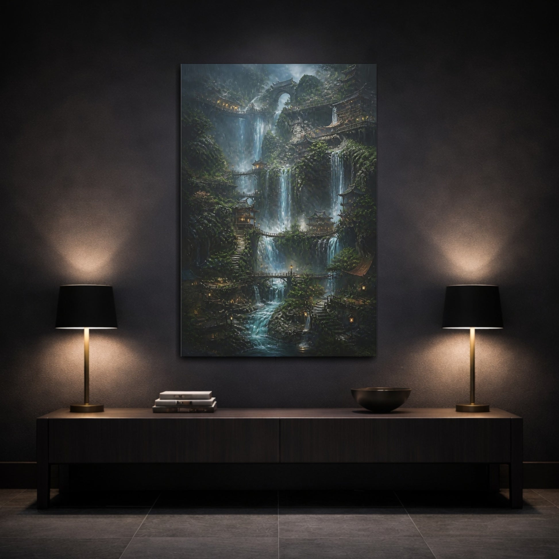 Mockup 3. Mystic Waterfall Village shown as canvas print