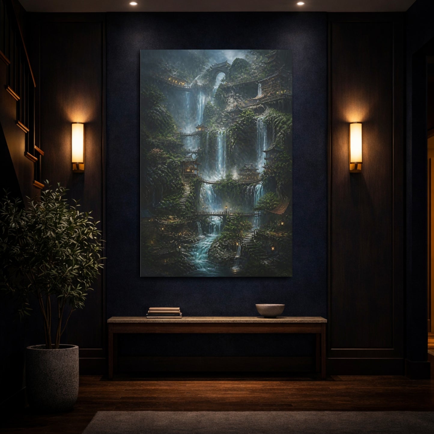 Mockup 4. Mystic Waterfall Village shown as canvas print