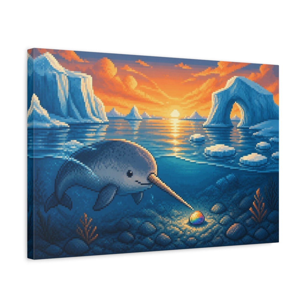 Side Mockup 3. Narwhal And Rainbow Pebble shown as canvas print
