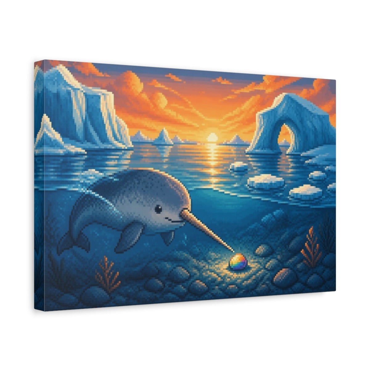 Side Mockup 4. Narwhal And Rainbow Pebble shown as canvas print