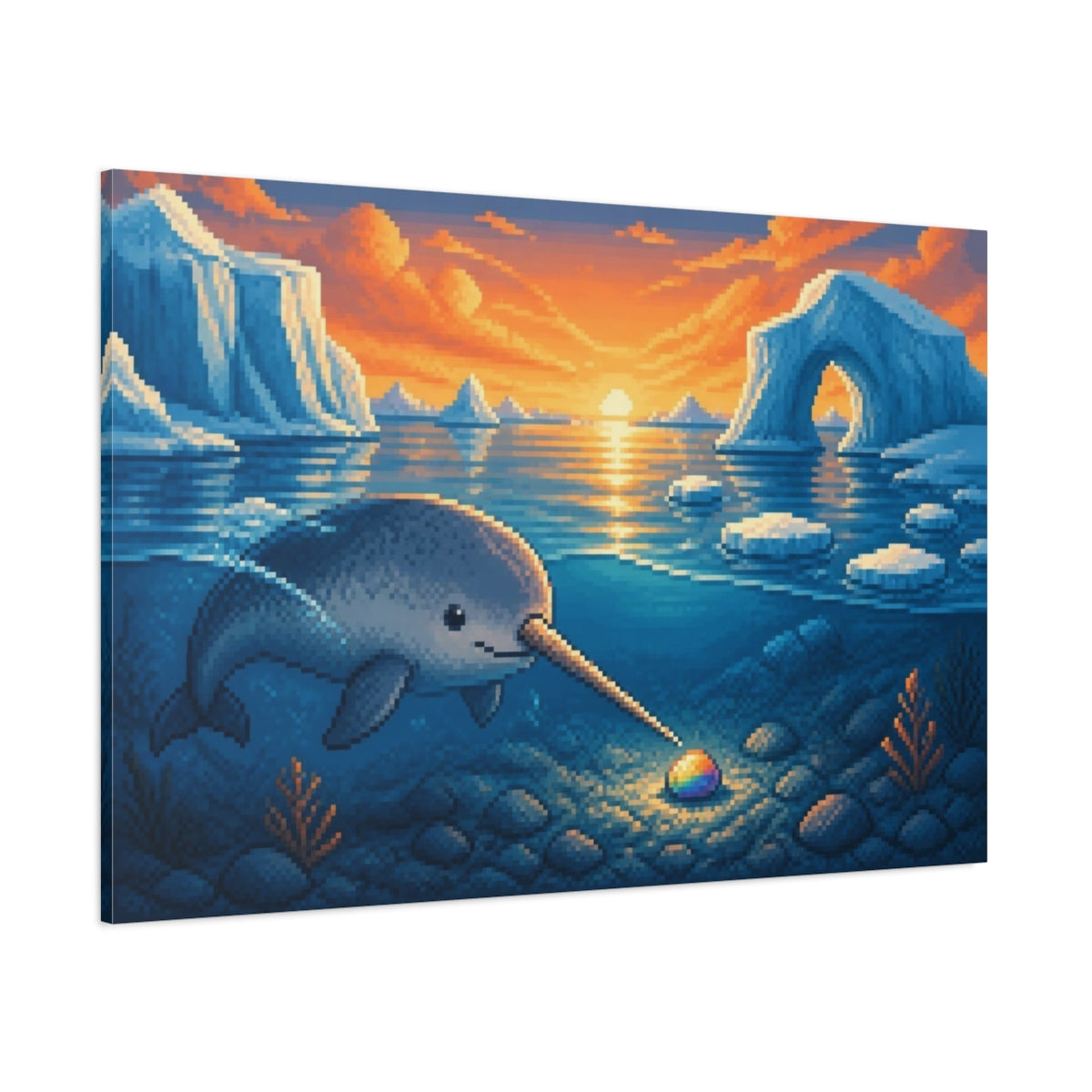 Side Mockup 1. Narwhal And Rainbow Pebble shown as canvas print