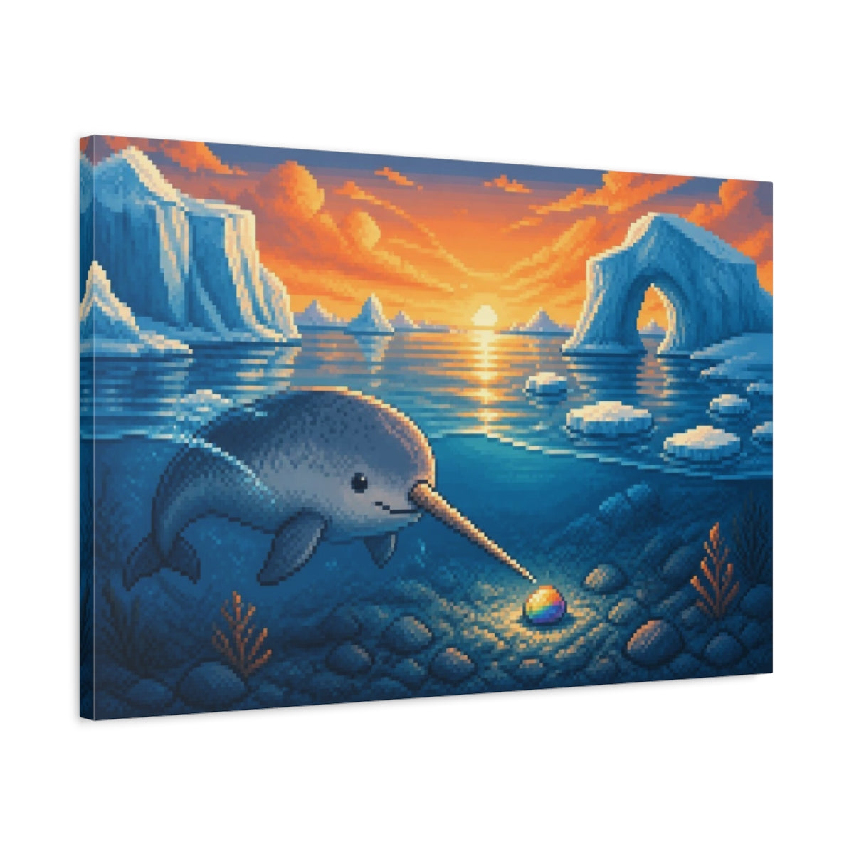 Side Mockup 2. Narwhal And Rainbow Pebble shown as canvas print