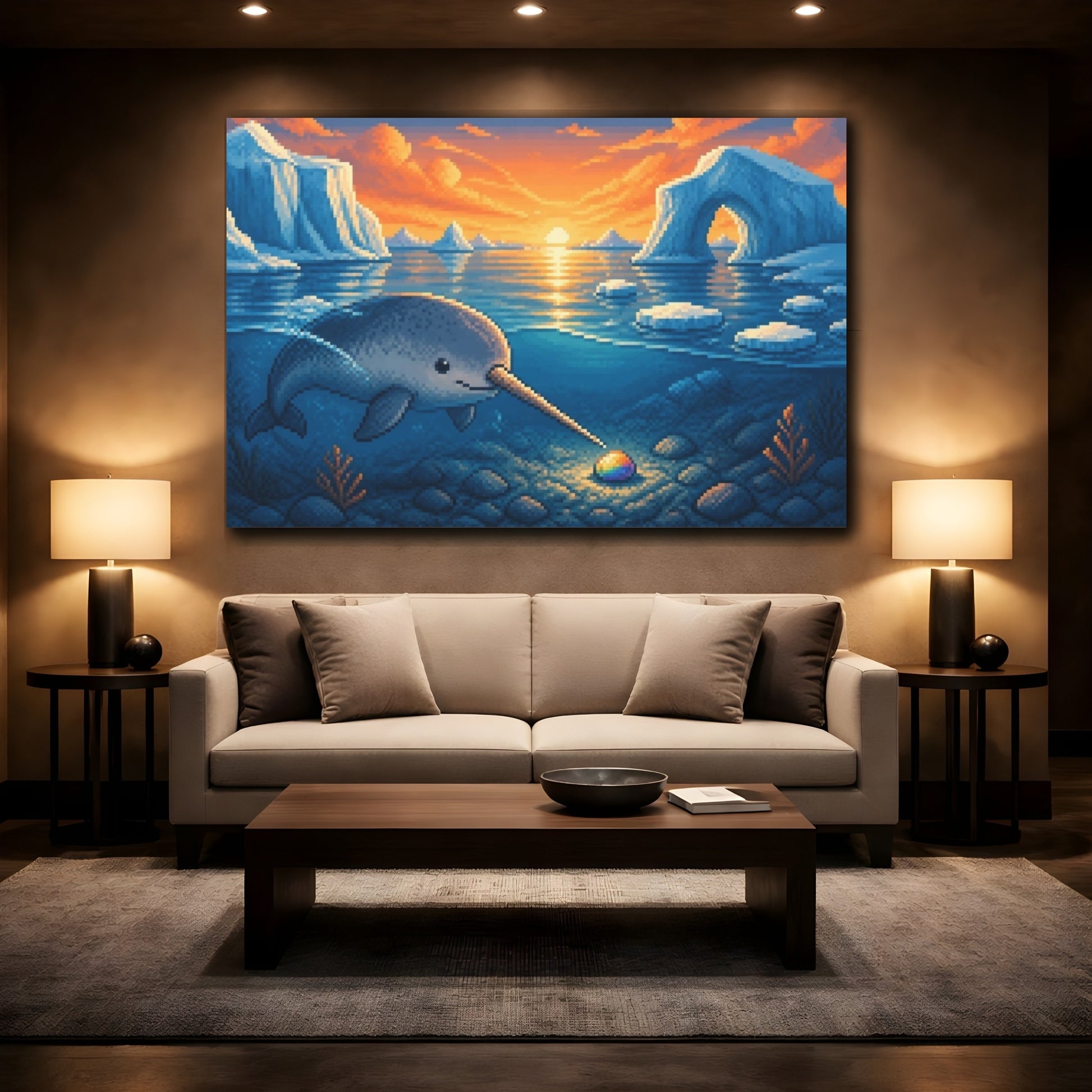 Mockup 2. Narwhal And Rainbow Pebble shown as canvas print
