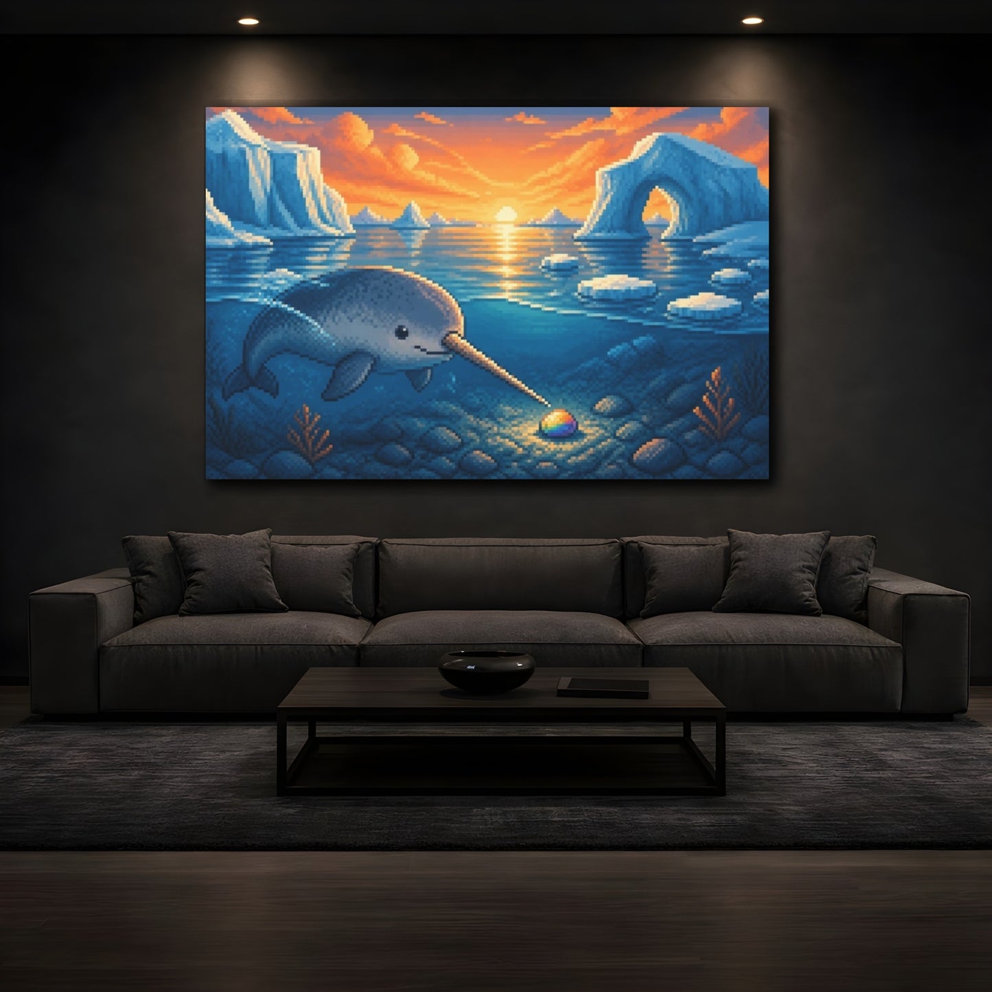 Mockup 3. Narwhal And Rainbow Pebble shown as canvas print