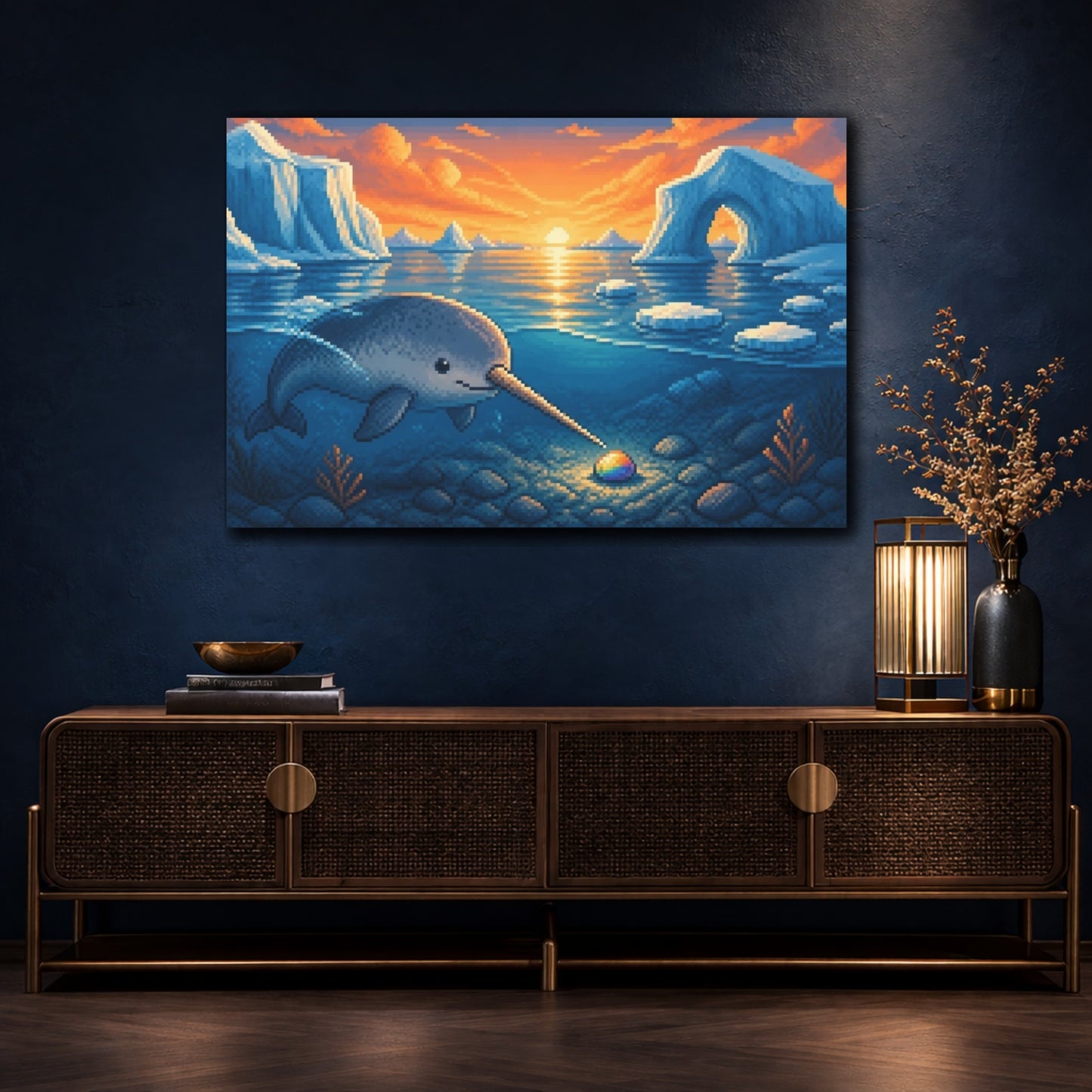 Mockup 4. Narwhal And Rainbow Pebble shown as canvas print