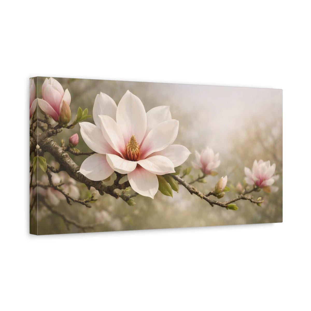 Side Mockup 3. Floral Magnolia Flower Pink Magnolia shown as stretched canvas wall art