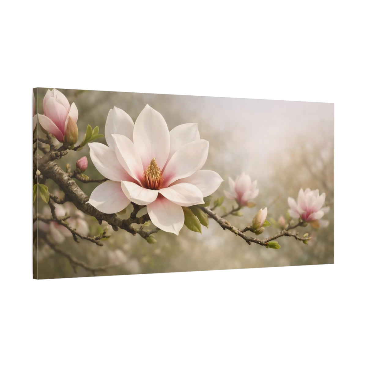 Side Mockup 1. Floral Magnolia Flower Pink Magnolia shown as stretched canvas wall art