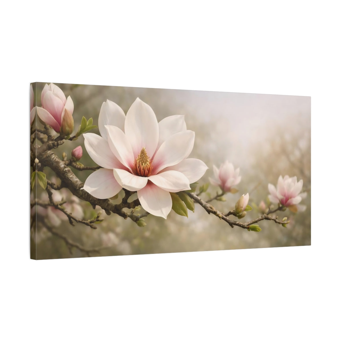 Side Mockup 2. Floral Magnolia Flower Pink Magnolia shown as stretched canvas wall art