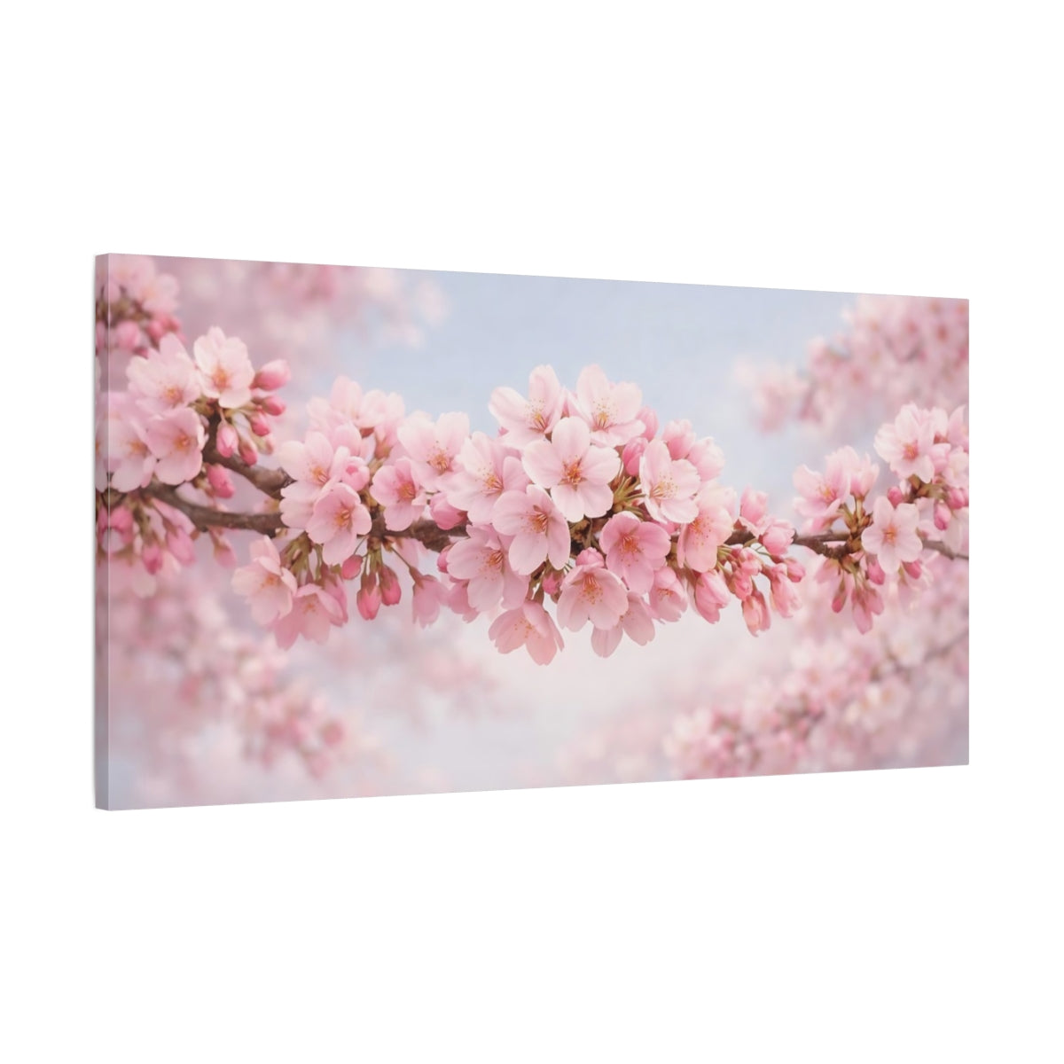 Side Mockup 1. Floral Cherry Blossoms Pink Cherry Blossoms shown as stretched canvas wall art