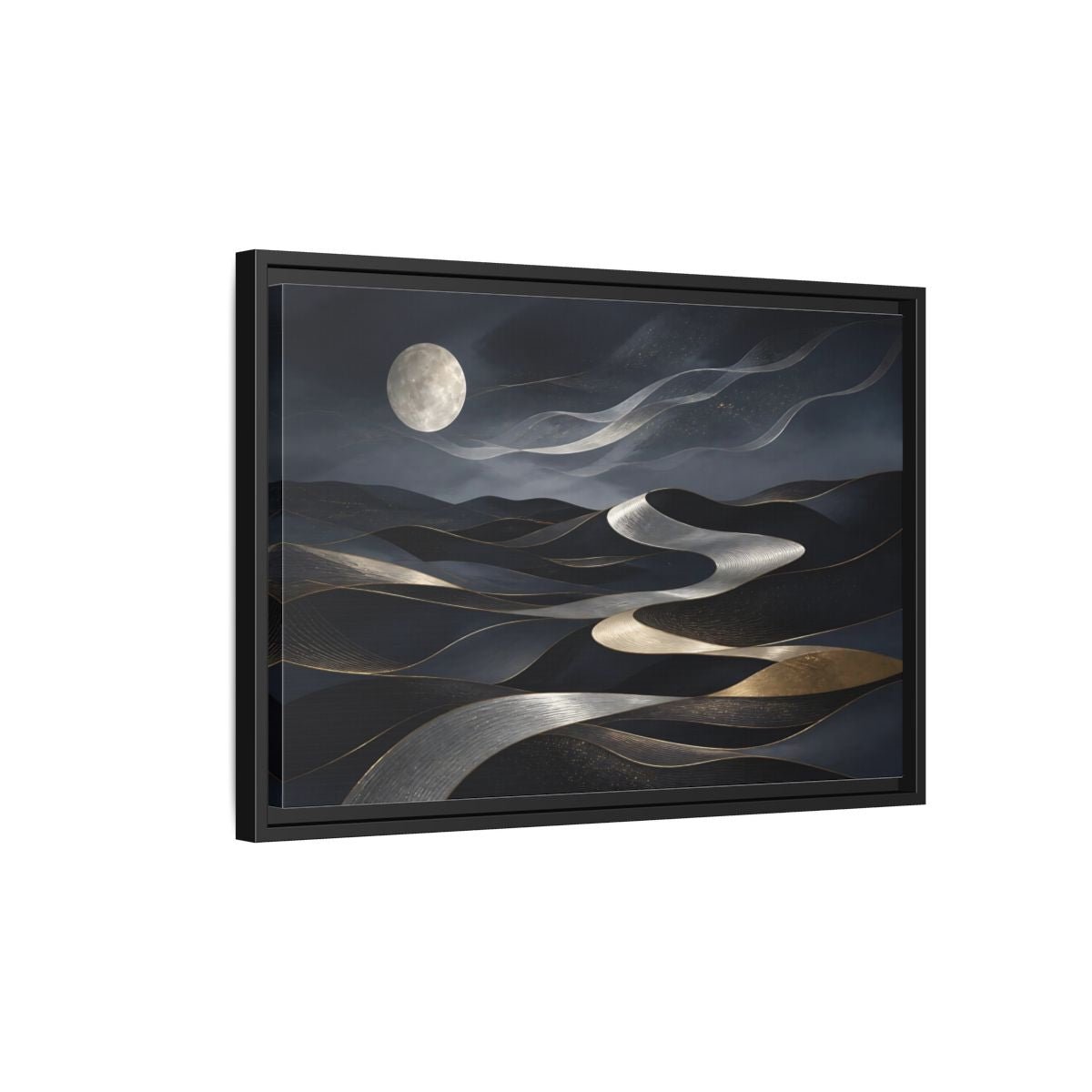 Nature Abstract Dunes Dark Blue Gold Framed Canvas Print – Living Room, Large Wall - YesArtYes