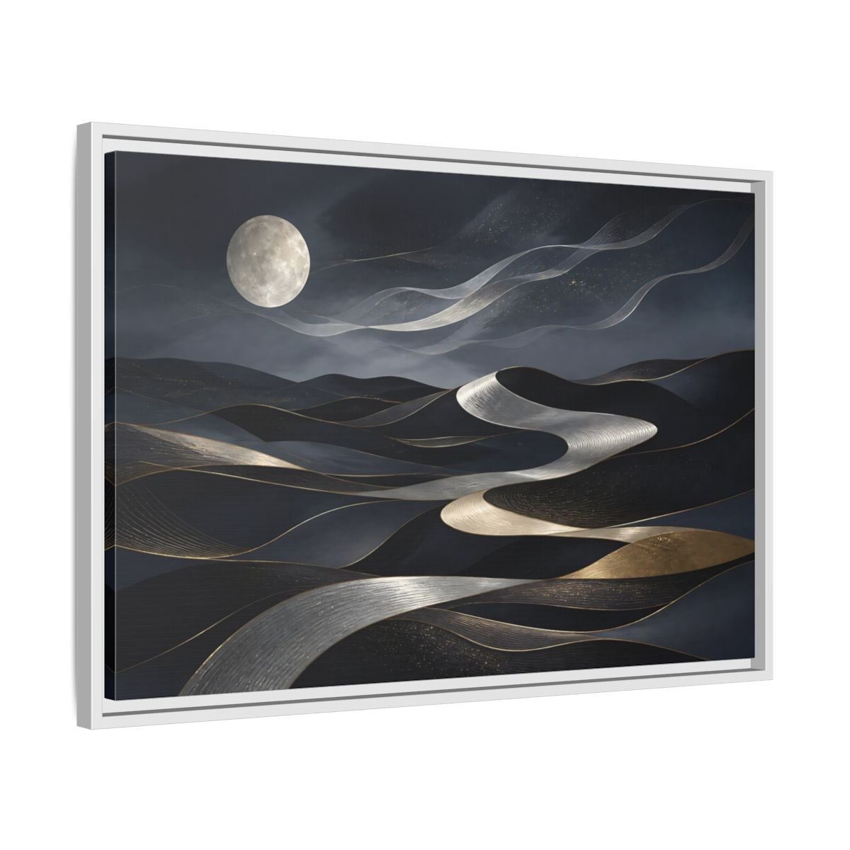 Nature Abstract Dunes Dark Blue Gold Framed Canvas Print – Living Room, Large Wall - YesArtYes