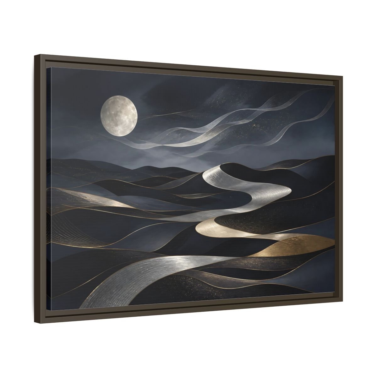 Nature Abstract Dunes Dark Blue Gold Framed Canvas Print – Living Room, Large Wall - YesArtYes