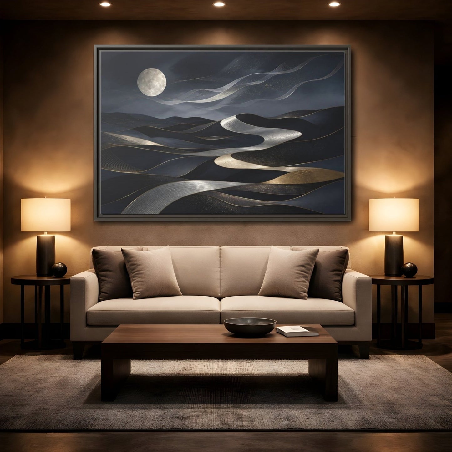 Nature Abstract Dunes Dark Blue Gold Framed Canvas Print – Living Room, Large Wall - YesArtYes