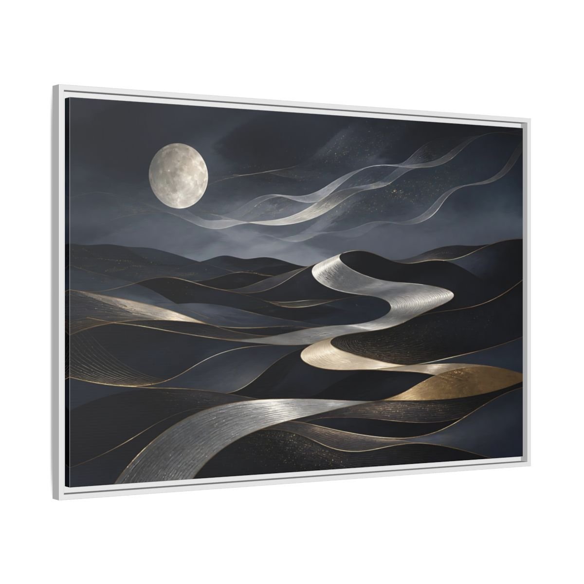 Nature Abstract Dunes Dark Blue Gold Framed Canvas Print – Living Room, Large Wall - YesArtYes