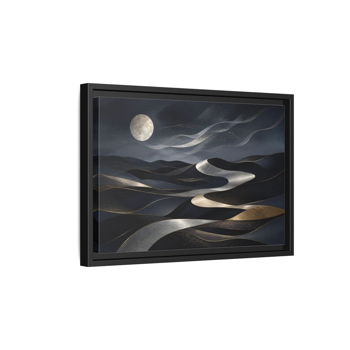 Nature Abstract Dunes Dark Blue Gold Framed Canvas Print – Living Room, Large Wall - YesArtYes