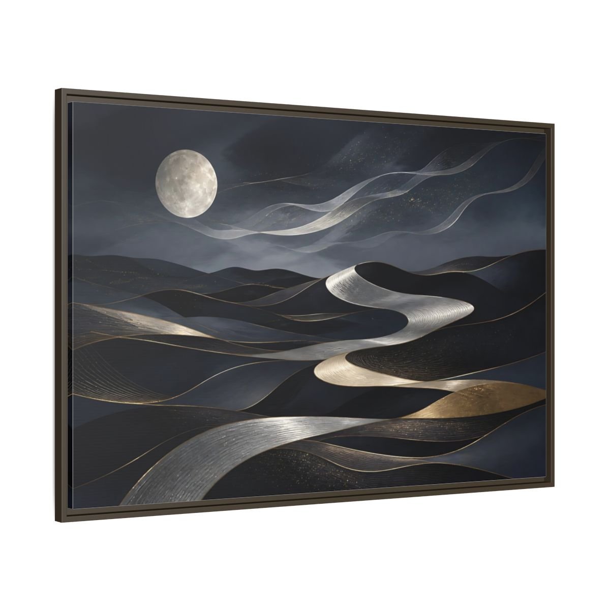 Nature Abstract Dunes Dark Blue Gold Framed Canvas Print – Living Room, Large Wall - YesArtYes