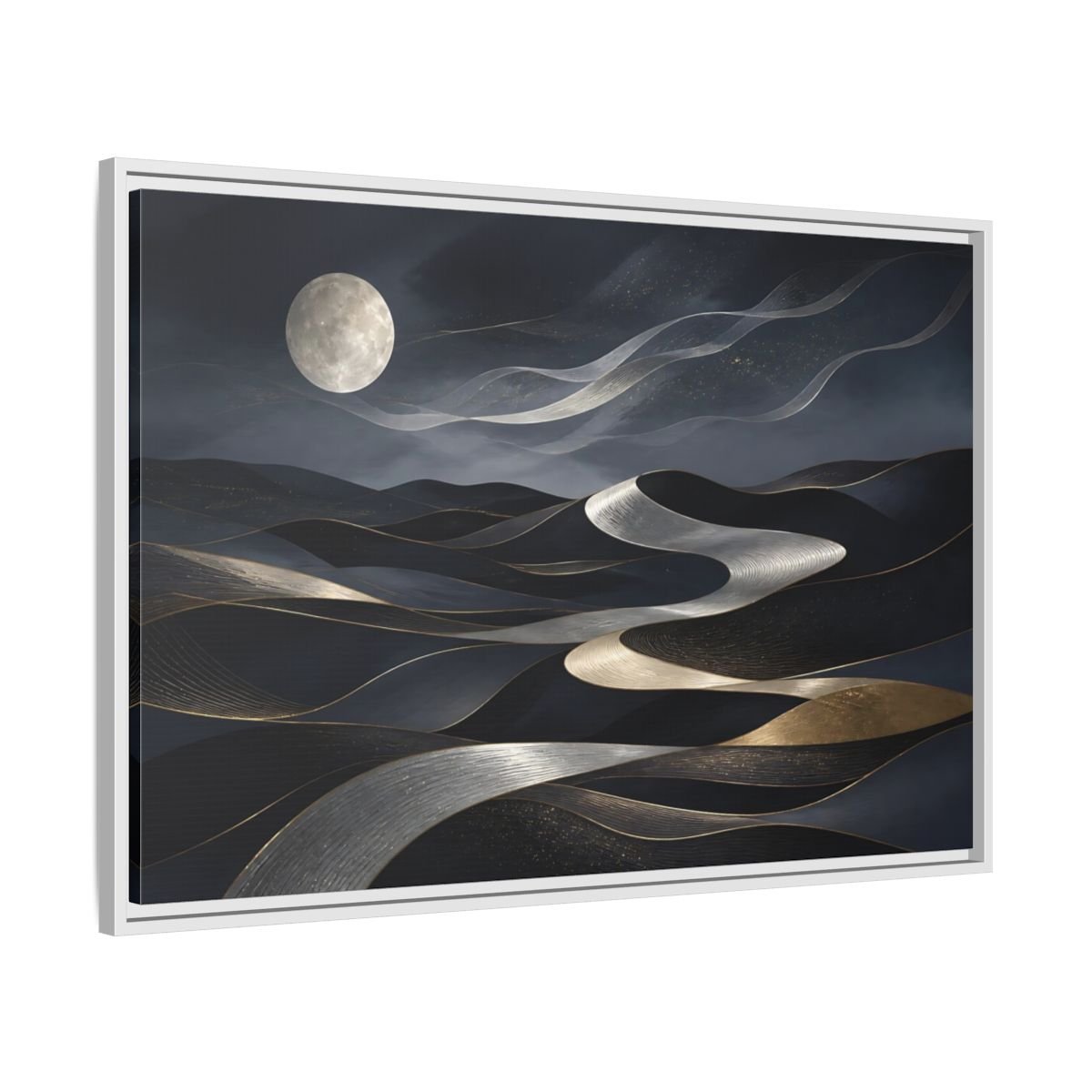 Nature Abstract Dunes Dark Blue Gold Framed Canvas Print – Living Room, Large Wall - YesArtYes