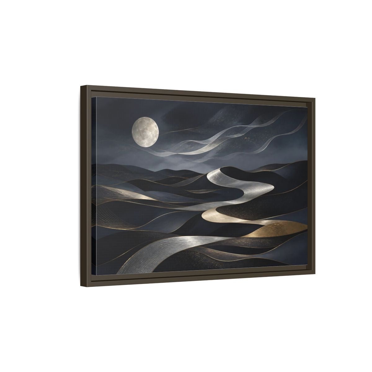 Nature Abstract Dunes Dark Blue Gold Framed Canvas Print – Living Room, Large Wall - YesArtYes