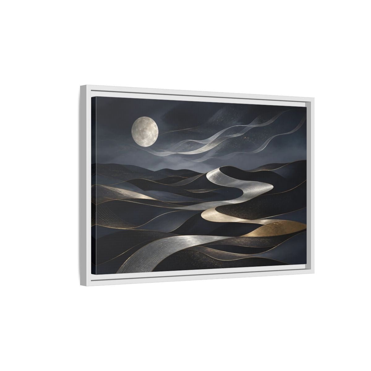 Nature Abstract Dunes Dark Blue Gold Framed Canvas Print – Living Room, Large Wall - YesArtYes