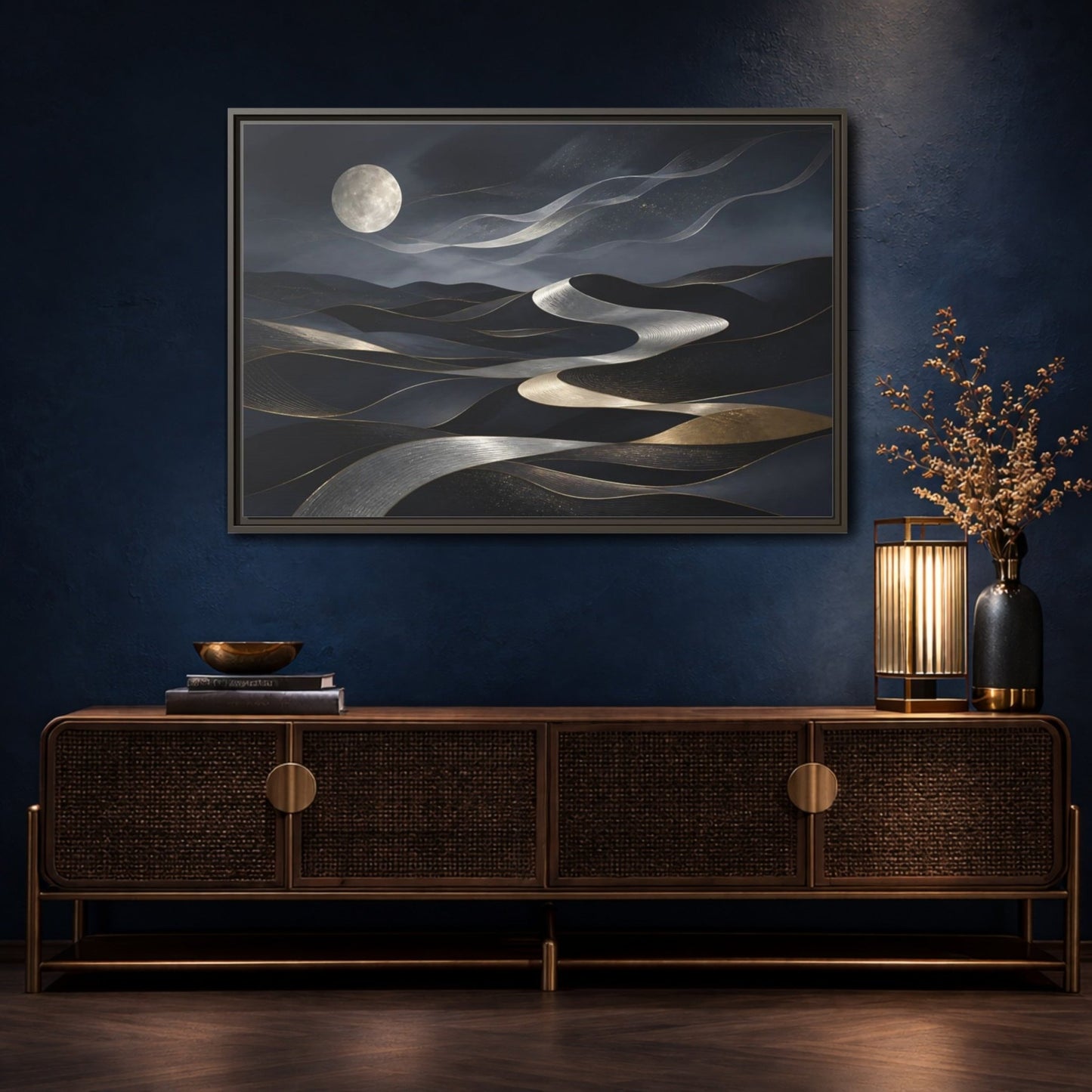 Nature Abstract Dunes Dark Blue Gold Framed Canvas Print – Living Room, Large Wall - YesArtYes