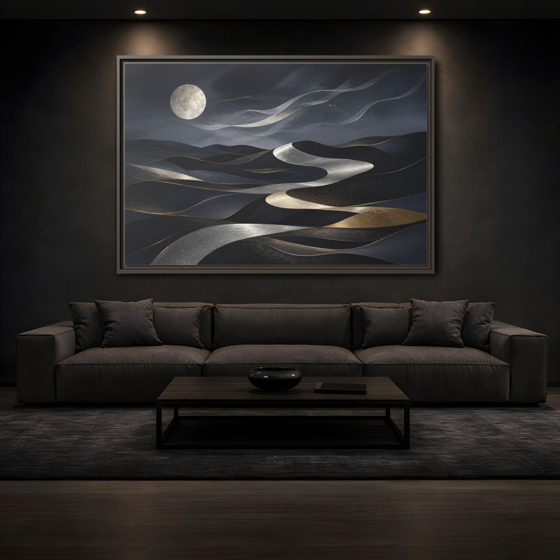 Nature Abstract Dunes Dark Blue Gold Framed Canvas Print – Living Room, Large Wall - YesArtYes