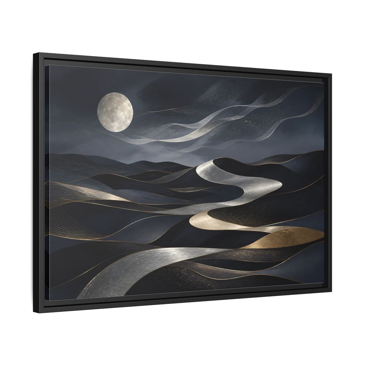 Nature Abstract Dunes Dark Blue Gold Framed Canvas Print – Living Room, Large Wall - YesArtYes
