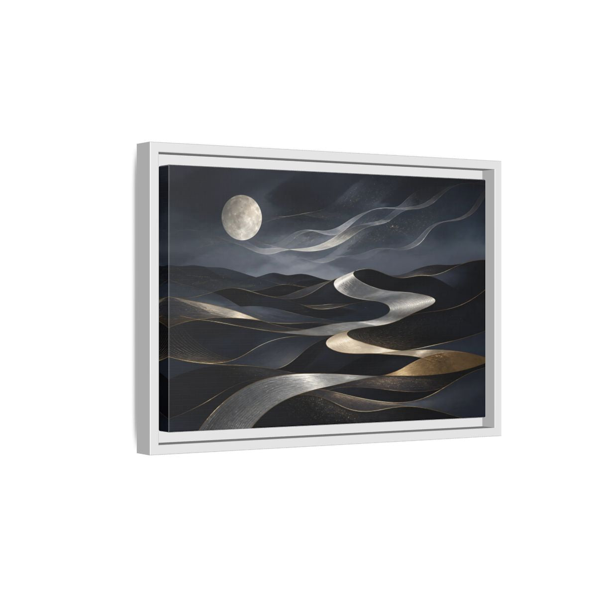Side Mockup 4. Nature Abstract Dunes Dark Blue Gold Silver shown as framed canvas print