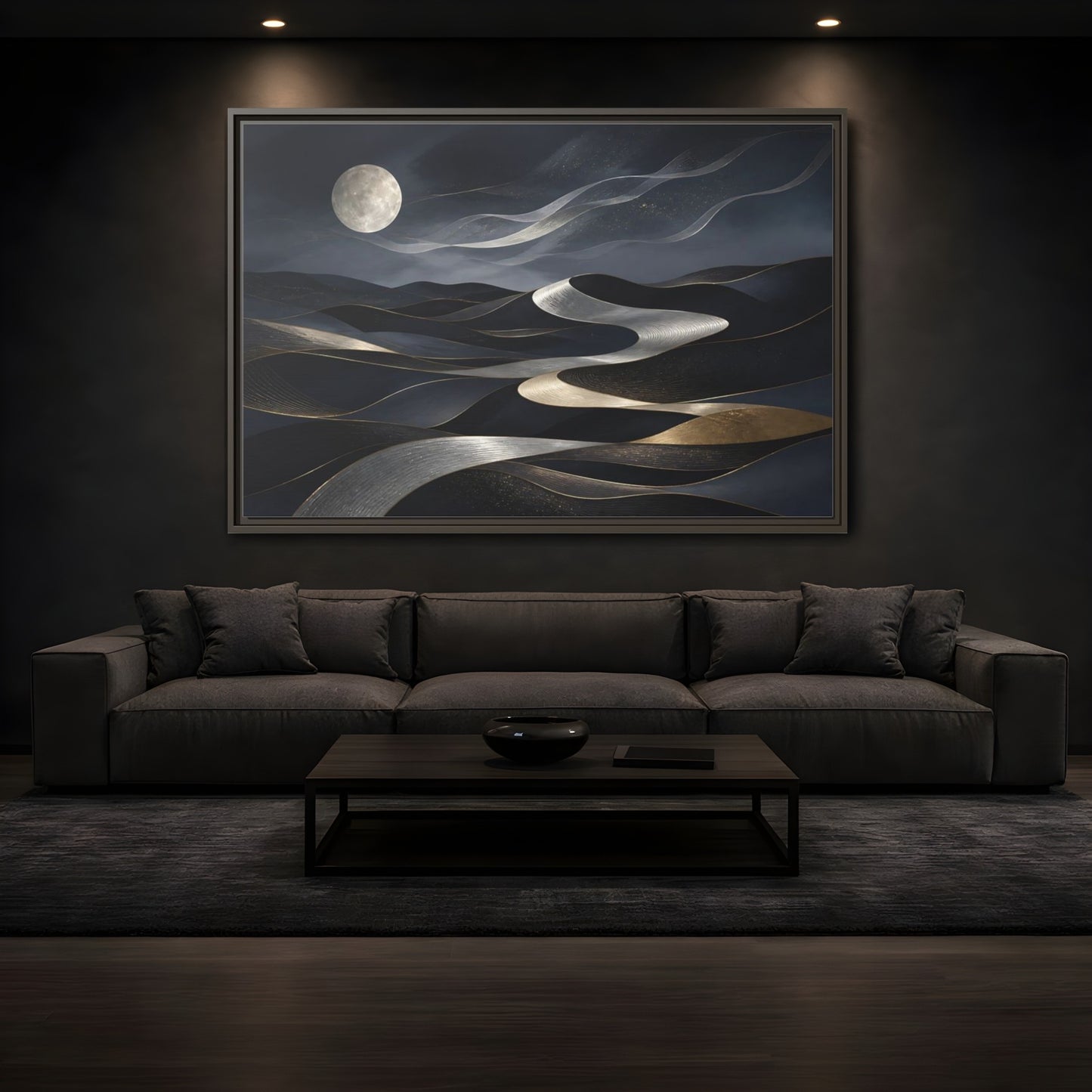 Mockup 3. Nature Abstract Dunes Dark Blue Gold Silver shown as framed canvas print